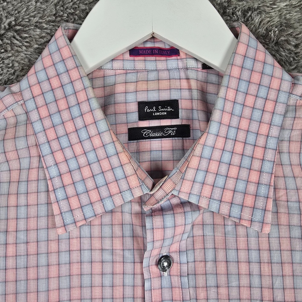 Paul Smith London Mens Shirt 17.5 44 Pink Blue Check Classic Fit Made in Italy